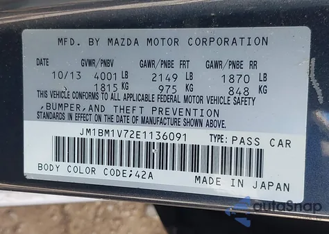 2014 Mazda Mazda3 I Touring z USA, uszkodzony, nr VIN JM1BM1V72E1136091